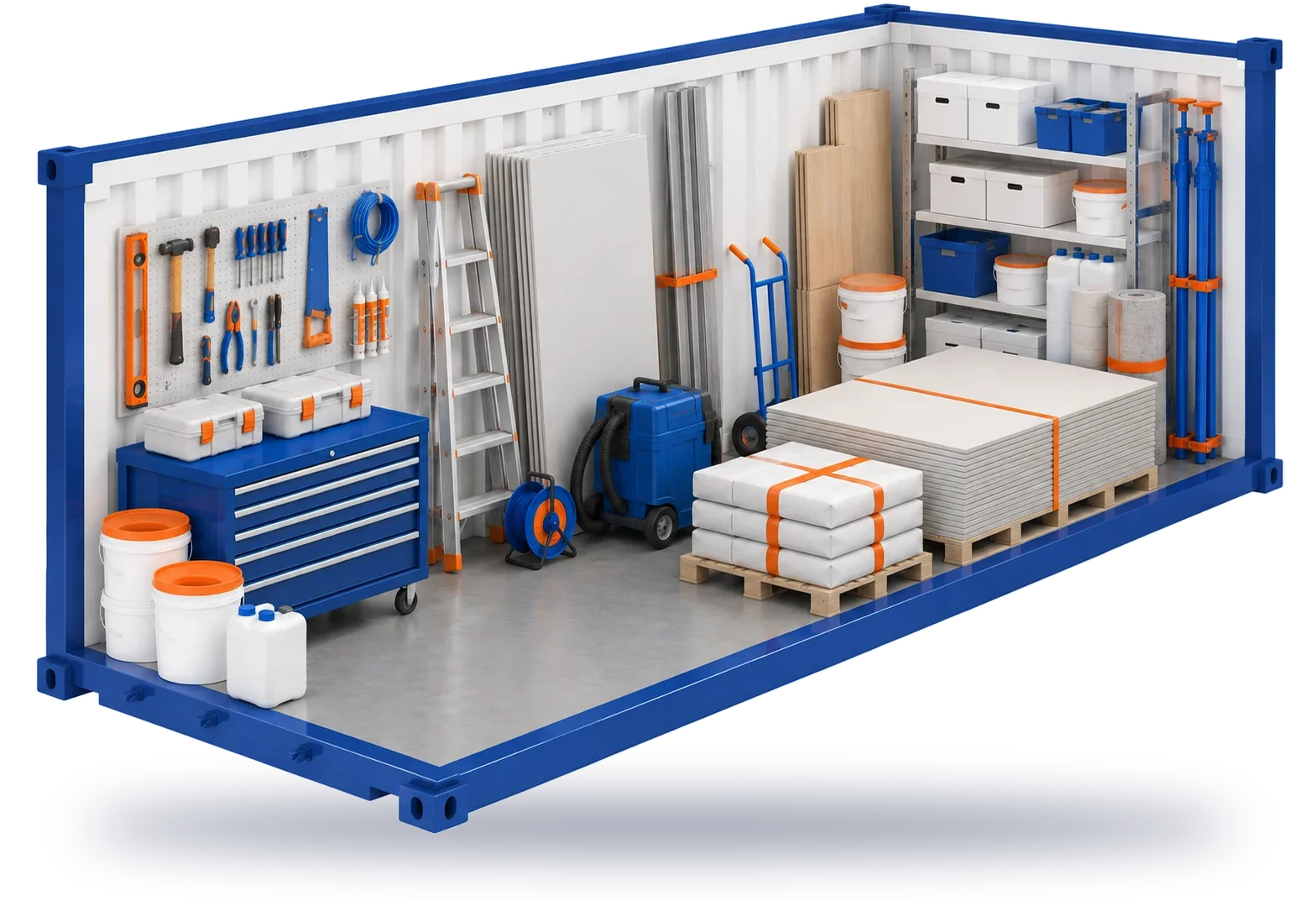 Containerförråd Large 14 m² med verktyg, hyllor och byggmaterial för företag