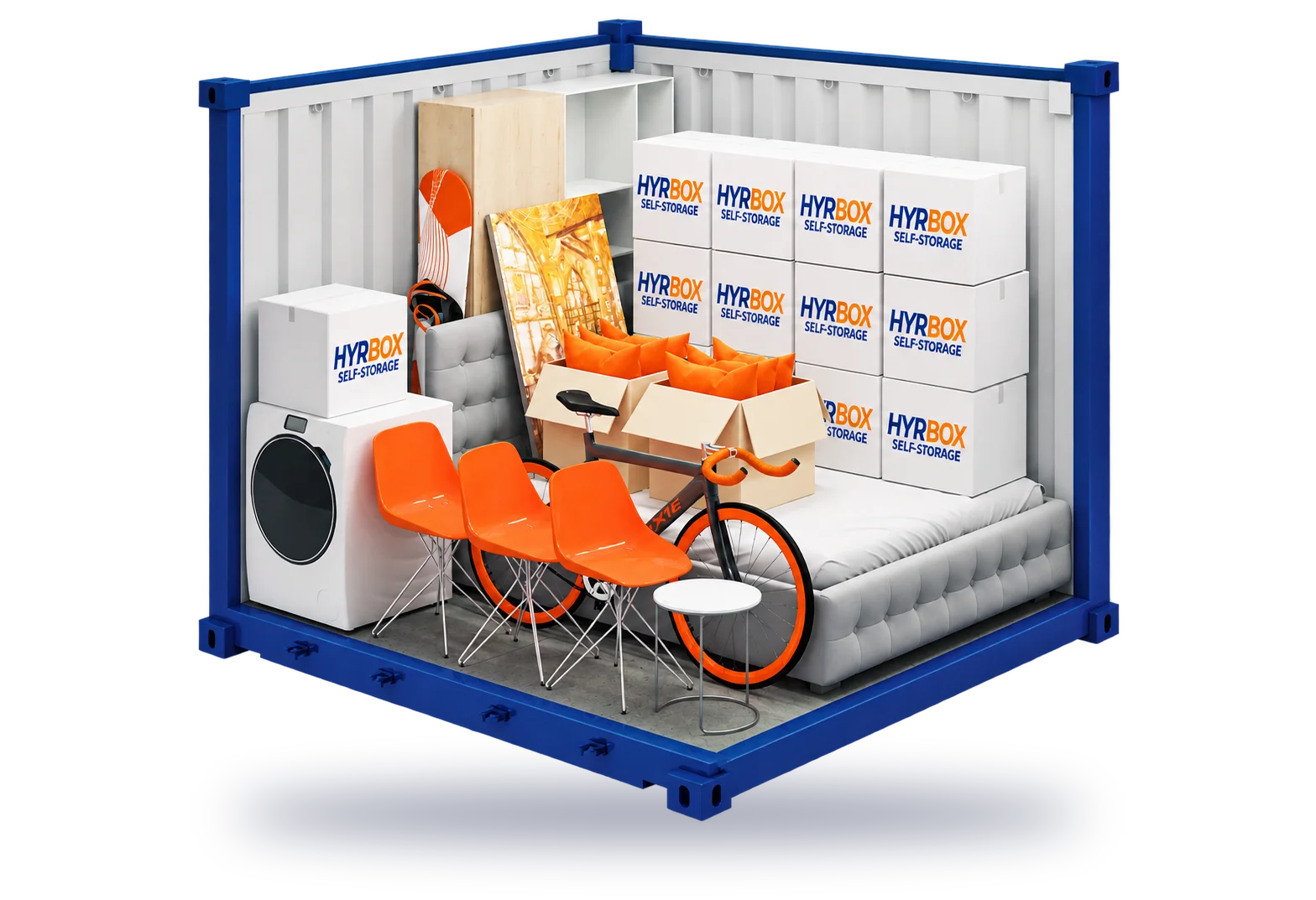 Containerförråd Small 5 m² med stolar, cykel och flyttkartonger